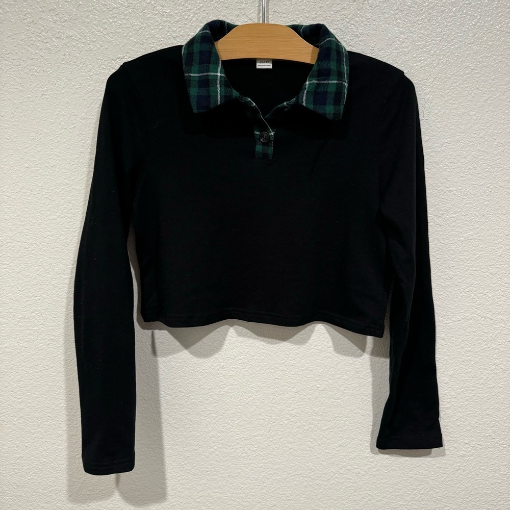 Kids Girls Black Green Plaid Collar Cropped Long Sleeve Top Preppy L 10/12